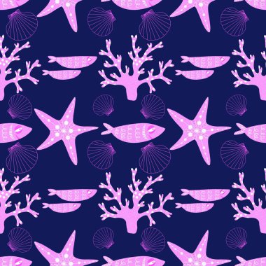 Ambalaj kağıtları, kumaşlar, çarşaflar ve çocuk giysileri baskısı ve yaz partisi aksesuarları ve moda tekstili için okyanussuz desen. Yüksek kaliteli illüstrasyon