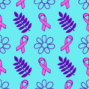 Göğüs kanseri ayı, ambalaj kağıdı, tıbbi aksesuar ve ilaç tekstili için kusursuz pembe kurdele günü deseni. Yüksek kaliteli illüstrasyon