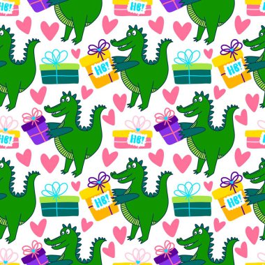 Doğum günü partisi, kağıt, kumaş, çarşaf ve çocuk giysileri baskısı ve yıldönümü aksesuarları için kusursuz timsah deseni. Yüksek kalite fotoğraf