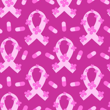 Göğüs kanseri ayı, ambalaj kağıdı, tıbbi aksesuar ve ilaç tekstili için kusursuz pembe kurdele günü deseni. Yüksek kaliteli illüstrasyon