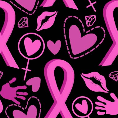 Göğüs kanseri ayı, ambalaj kağıdı, tıbbi aksesuar ve ilaç tekstili için kusursuz pembe kurdele günü deseni. Yüksek kaliteli illüstrasyon