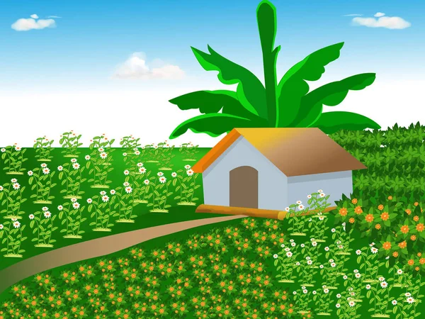 Vettore Bellissimo Villaggio Cielo Azzurro Nuvoloso Casa Piante Verdi Illustrazione — Vettoriale Stock