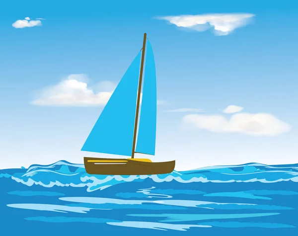 Иллюстрация Моря Океанских Волн Парусных Лодок Облачного Неба Вектор Плавающей — стоковый вектор