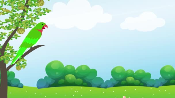インドのオウムカスタードリンゴの木の歌と体の移動に座っている 自然景観のドリーアウトショット 木やエキゾチックな熱帯鳥 緑のオウム砂糖リンゴの木の枝に座って移動 — ストック動画