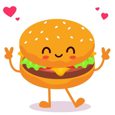 Mutlu gülümseyen Kawaii şirin burgerleri. Vektör düz çizgi film karakteri çizim simgesi tasarımı. Beyaz arka planda izole edilmiş. Hamburger, fast food.