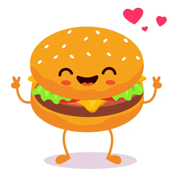 Mutlu gülümseyen Kawaii şirin burgerleri. Vektör düz çizgi film karakteri çizim simgesi tasarımı. Beyaz arka planda izole edilmiş. Hamburger, fast food.