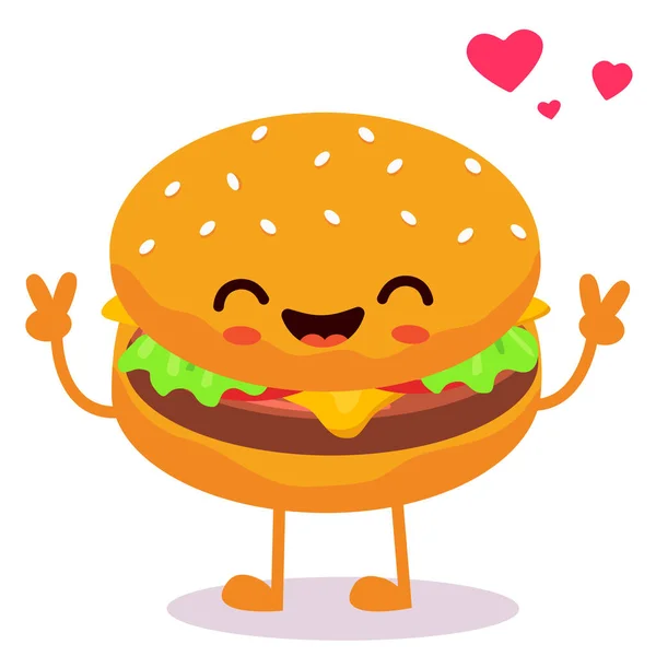 Mutlu gülümseyen Kawaii şirin burgerleri. Vektör düz çizgi film karakteri çizim simgesi tasarımı. Beyaz arka planda izole edilmiş. Hamburger, fast food.