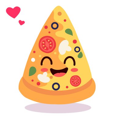 Mutlu gülümseyen kawaii şirin pizza dilimleri. Vektör düz çizgi film karakteri çizim simgesi tasarımı. Beyaz arka planda izole edilmiş. Pizza, fast food.