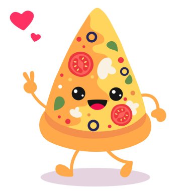 Mutlu gülümseyen kawaii şirin pizza dilimleri. Vektör düz çizgi film karakteri çizim simgesi tasarımı. Beyaz arka planda izole edilmiş. Pizza, fast food.
