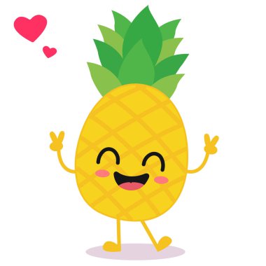 Mutlu gülümseyen Kawaii şirin Ananas. Vektör düz meyve karakteri çizimi maskot tasarımı. Beyaz arkaplanda izole.