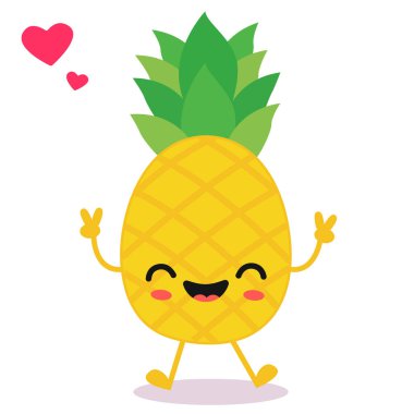 Mutlu gülümseyen Kawaii şirin Ananas. Vektör düz meyve karakteri çizimi maskot tasarımı. Beyaz arkaplanda izole.