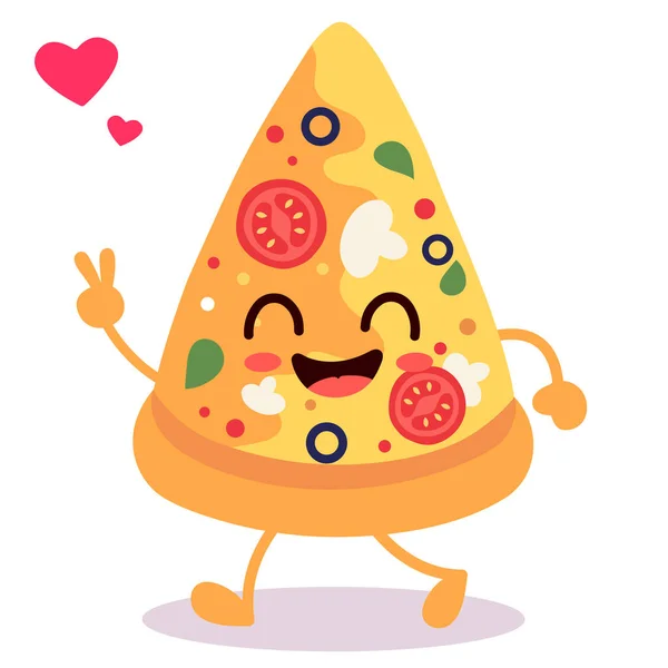 Mutlu gülümseyen kawaii şirin pizza dilimleri. Vektör düz çizgi film karakteri çizim simgesi tasarımı. Beyaz arka planda izole edilmiş. Pizza, fast food.