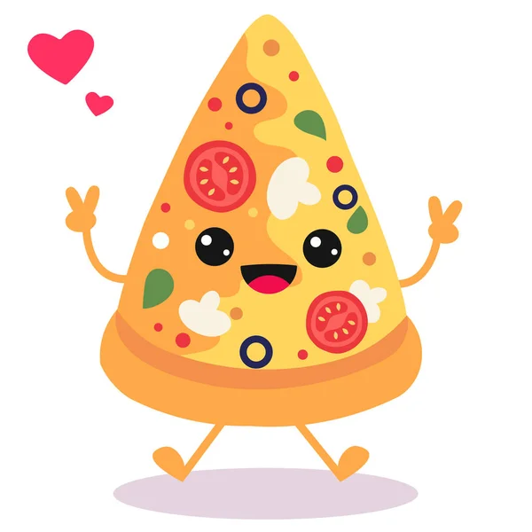 Mutlu gülümseyen kawaii şirin pizza dilimleri. Vektör düz çizgi film karakteri çizim simgesi tasarımı. Beyaz arka planda izole edilmiş. Pizza, fast food.