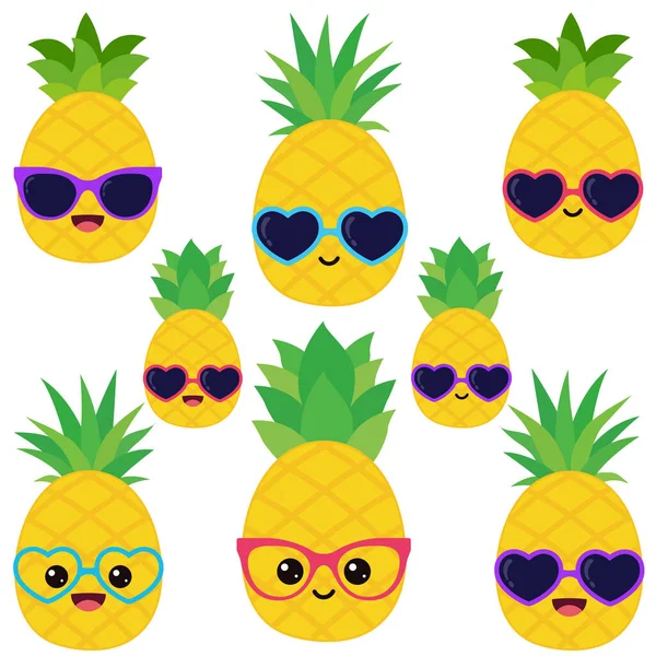 Mutlu gülümseyen Kawaii şirin Ananas. Vektör düz meyve karakteri çizimi maskot tasarımı. Beyaz arkaplanda izole.