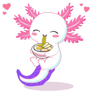 Kawaii axolotl ramen noodle vektör çizimi yiyor.