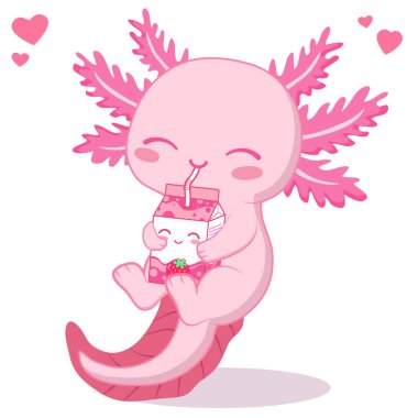 kawaii axolotl çilekli sütlü çay içerek vektör çizimi