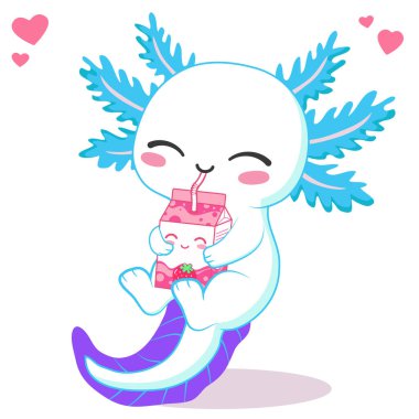 kawaii axolotl çilekli sütlü çay içerek vektör çizimi