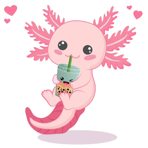 Kawaii Axolotl Beber Boba Leche Dibujos Animados Vector Ilustración — Vector de stock