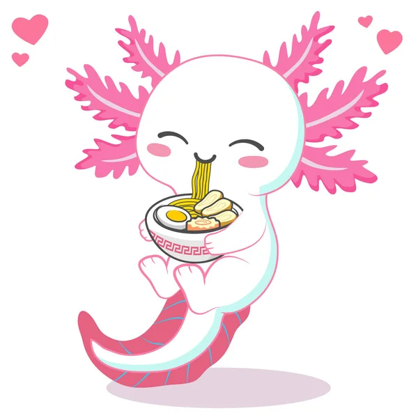 Kawaii axolotl ramen noodle vektör çizimi yiyor.