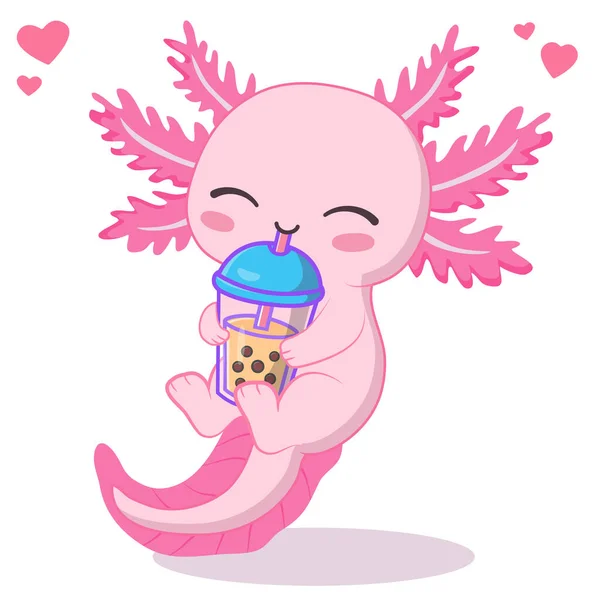 Kawaii axolotl boba sütlü çay içerek vektör çizimi
