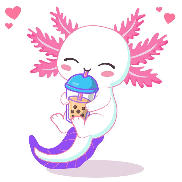 Kawaii axolotl boba sütlü çay içerek vektör çizimi