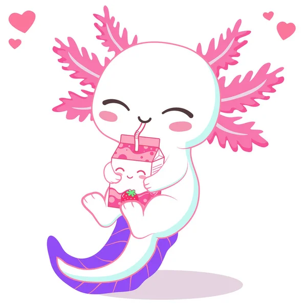 Kawaii Axolotl Beber Fresa Ilustración Vector Dibujos Animados — Vector de stock