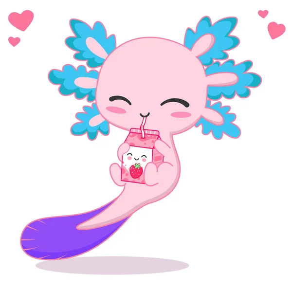 Kawaii Axolotl Beber Fresa Ilustración Vector Dibujos Animados — Vector de stock