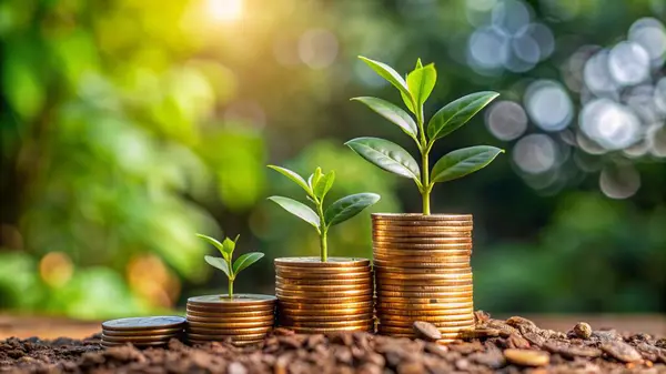 Madeni para yığınından büyüyen bir bitki, finansal büyümeyi simgeliyor.