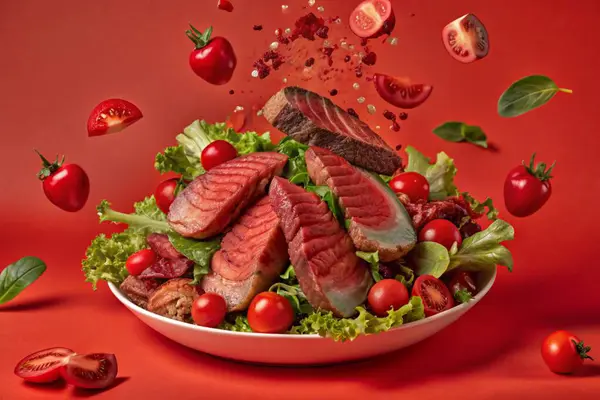 Düşen biftek salatası malzemeleri dilimlenmiş biftek.