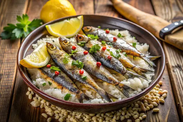 Lezzetli Ahenkli Sardalyalar ve Pirinç Lezzeti