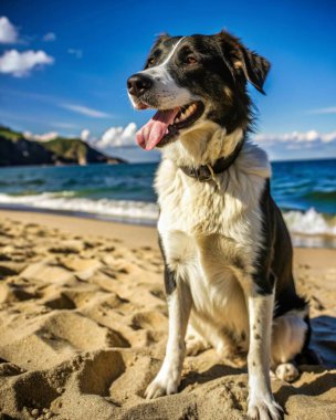 Güneşli bir günde kumsalda tatlı köpek
