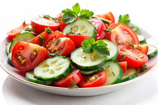 Beyaz arkaplanda domates salatası