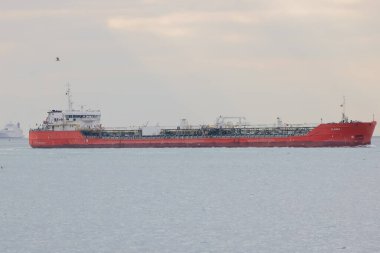 19-01-2024 İstanbul-Türkiye: Şehir Arkaplanlı Büyük Kargo Gemisi