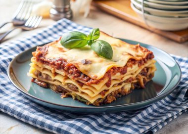 Seramik tabakta fesleğenli ev yapımı lazanya.
