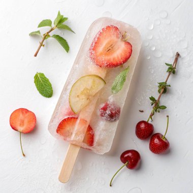 refreshing homemade fruit popsicle with strawberries and cherries on white background clipart