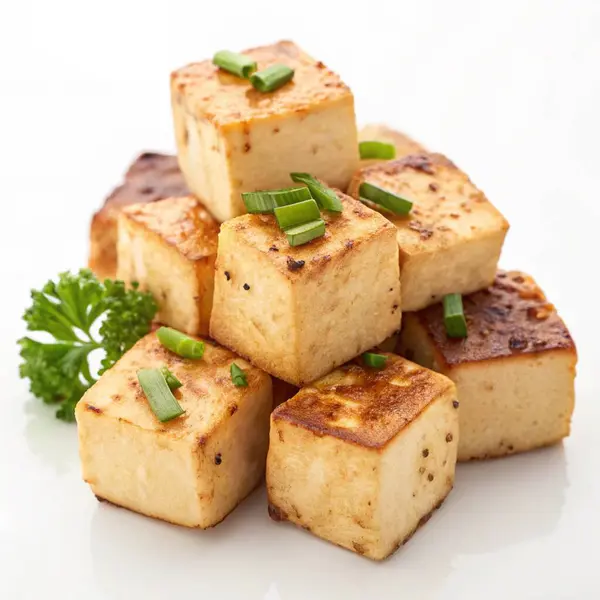 Kızarmış taze soğanla süslenmiş tofu küpleri.