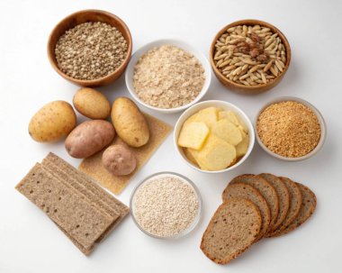 various carbohydrate-rich foods including grains, bread, and potatoes clipart