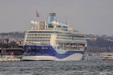 Seyir gemisi Marella Discovery İstanbul limanına kentin arka planında manzarayla kenetlendi