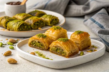 Fıstıklı ve hindistancevizli baklava. seçici odak.
