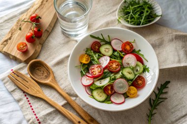 Salatalı salata, kırmızı domates ve salatalık.