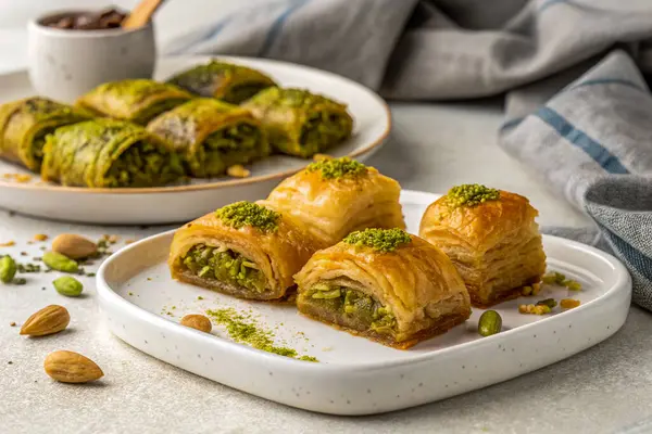 Fıstıklı ve hindistancevizli baklava. seçici odak.