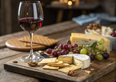 Tahtada peynir ve kırmızı şarap.