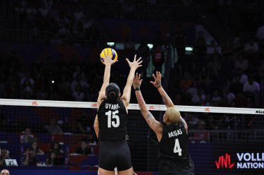 18-06-2025 Istanbul-Turkiye: Deniz Uyanik and Melissa Vargas blocking during Volleyball Nations League 2025 match