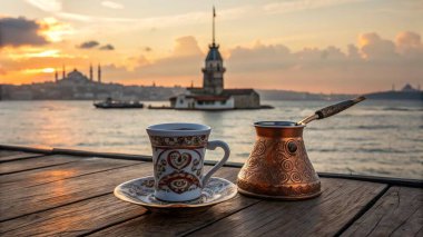 Traditional Turkish Coffee Served with Bosphorus View in Istanbul at Sunset