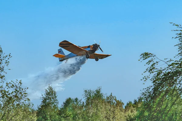 A forest and meadow fire extinguished from the air by a fire-fighting plane