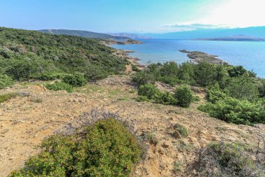 İnsansız çakıl taşı plajı Croati 'de dinlenecek bir ada Rab' bi.