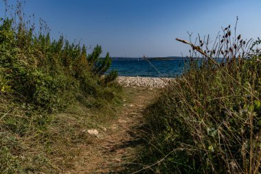 Hırvatistan 'da vahşi doğa taşlı plajları Kamenjak Yarımadası Pula manzarası