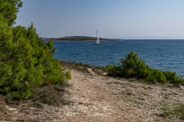 Hırvatistan 'da vahşi doğa taşlı plajları Kamenjak Yarımadası Pula manzarası