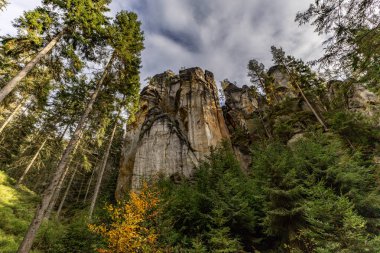 Rock şehrini ziyaret eden Adrpach Kayalıkları Polonya sınırındaki Rock City 'nin devasa kayalıkları.