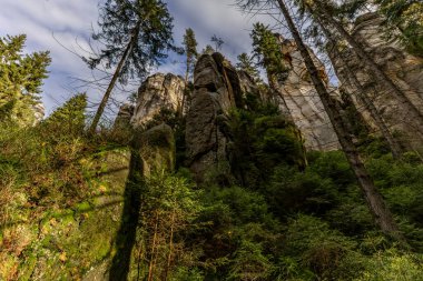 Rock şehrini ziyaret eden Adrpach Kayalıkları Polonya sınırındaki Rock City 'nin devasa kayalıkları.